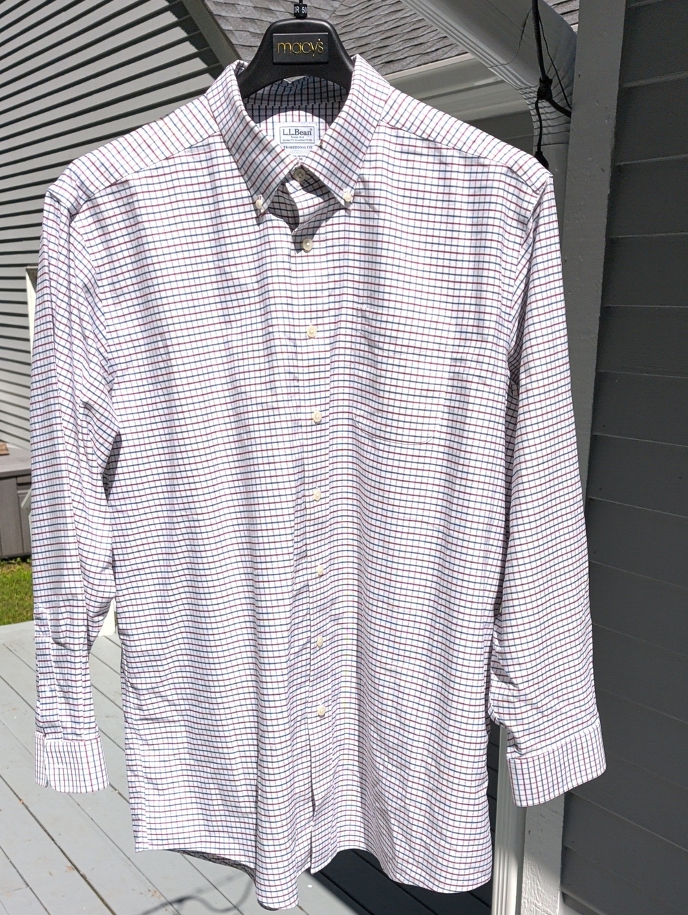 L.L. Bean Men's White Button-Down Shirt with Red & Blue Windowpane Plaid